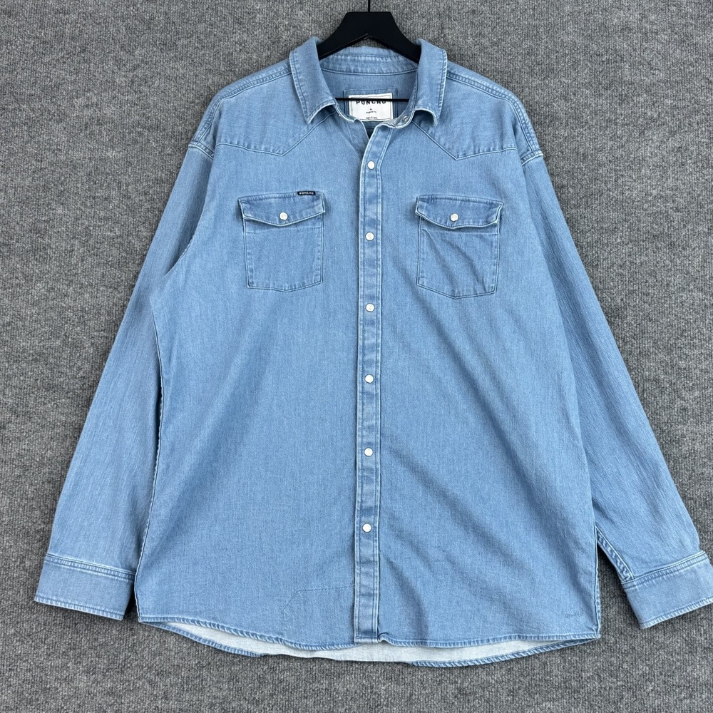 Poncho Snap Button Up Shirt Mens XL Blue Denim Western Bib Pearl Long Sleeve